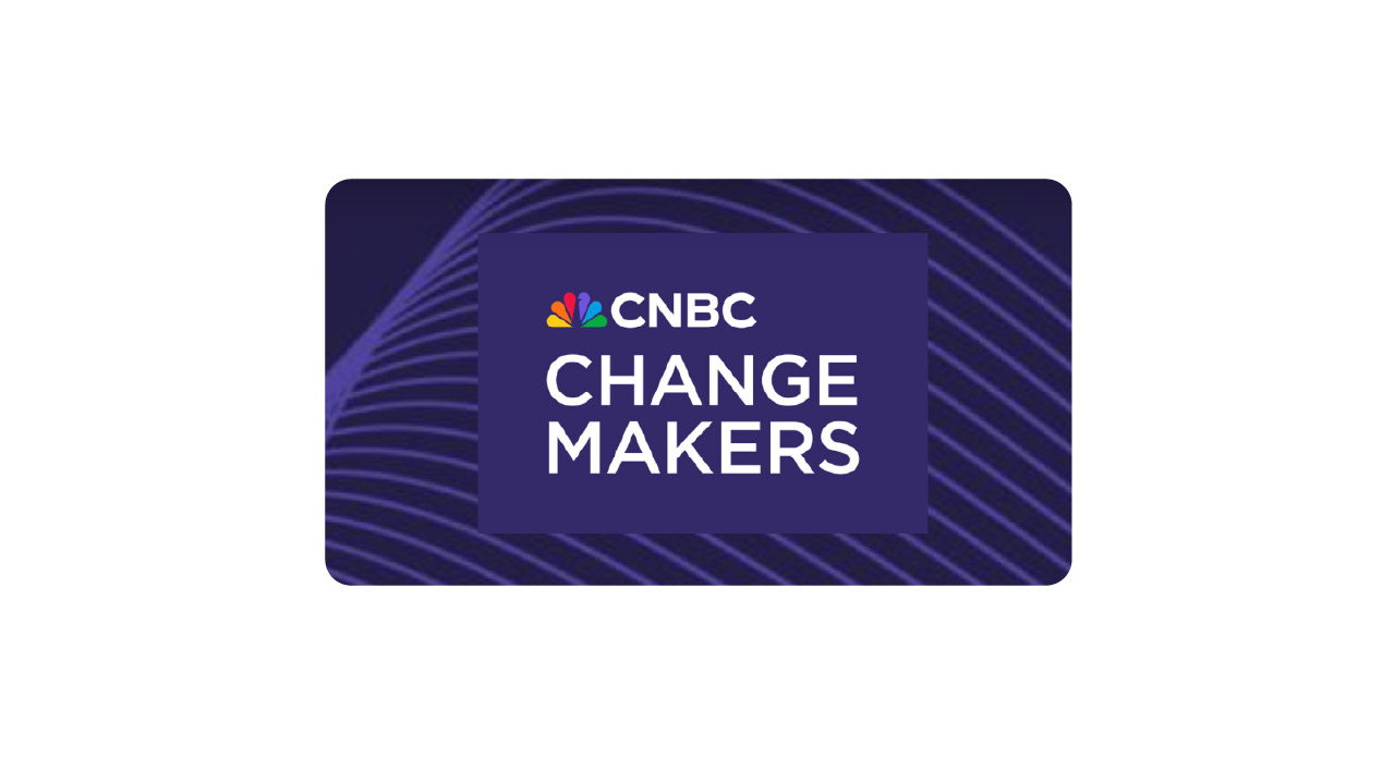 CNBC Changemakers logo featuring text on a purple background with wavy lines.