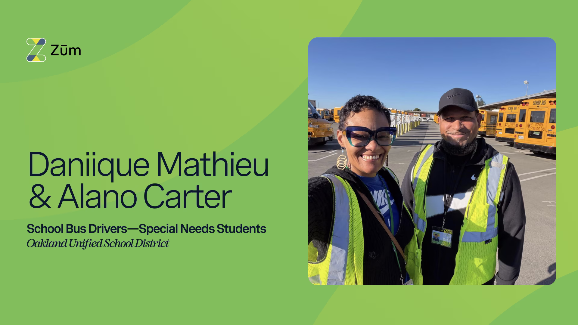 Daniique Mathieu and Alano Carter, school bus drivers, stand in a bus yard with yellow buses behind