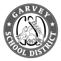Garvey School District logo featuring a rider on horseback and a bell, set in a circular design.