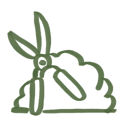 Grüne Gartenhandschere neben einem Busch mit lockerem Strich gezeichnet.