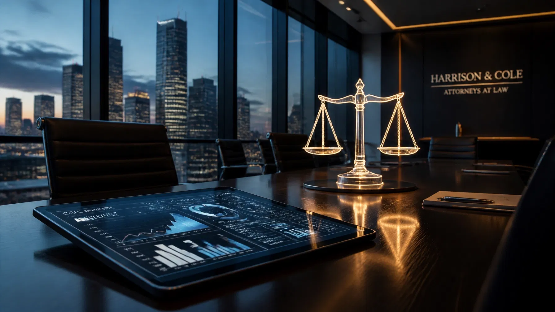 An executive boardroom featuring a glowing scale of justice on a mahogany table and financial analytics