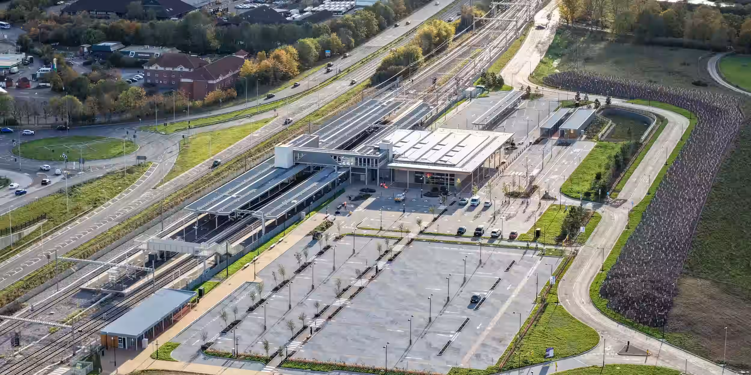 Aerial shot of Beaulieu Park train station in Chelmsford. Image by Murphy/Mulholland Media.