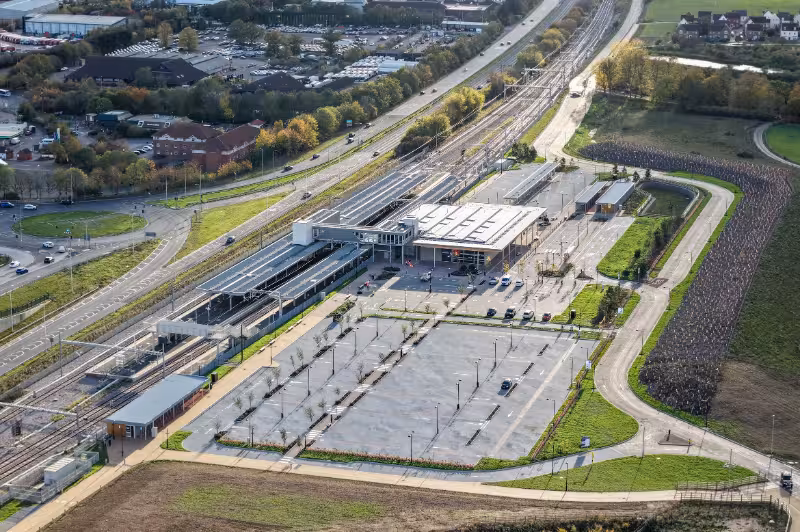 Aerial shot of Beaulieu Park train station in Chelmsford. Image by Murphy/Mulholland Media.