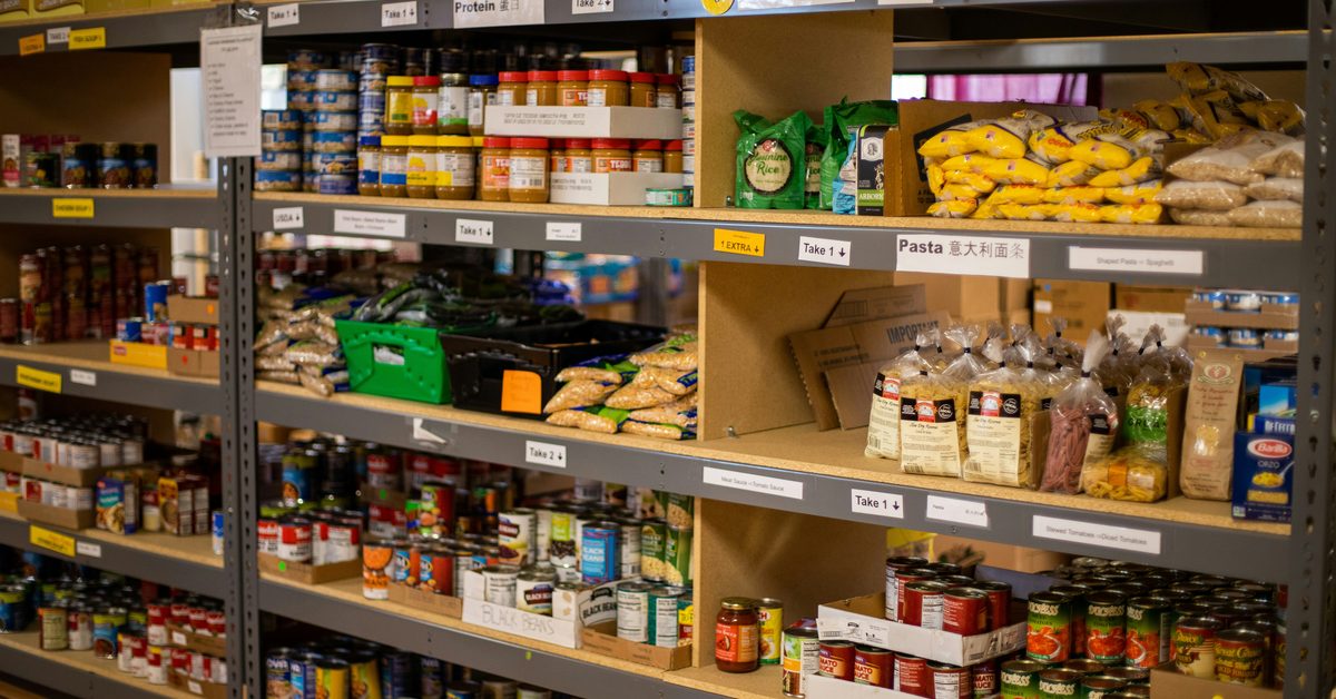 Stock photo of a shelf in a food pantry. 
