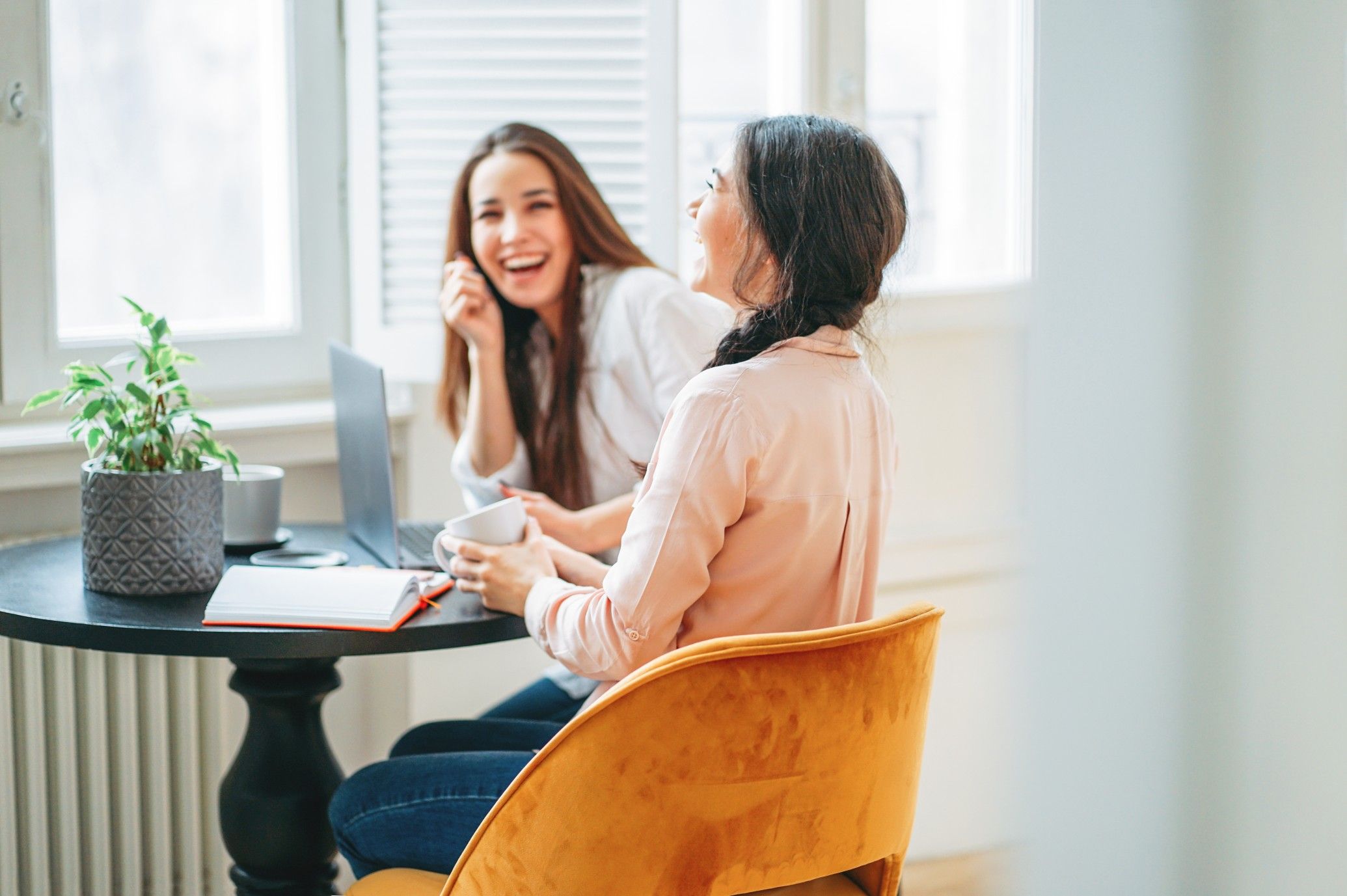 Two women smiling and having a conversation at a desk in a bright office with a laptop and potted plant