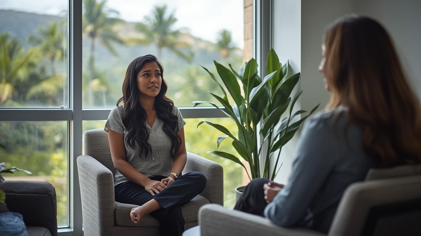 Two women having a conversation in a modern office with tropical mountain views and a potted plant