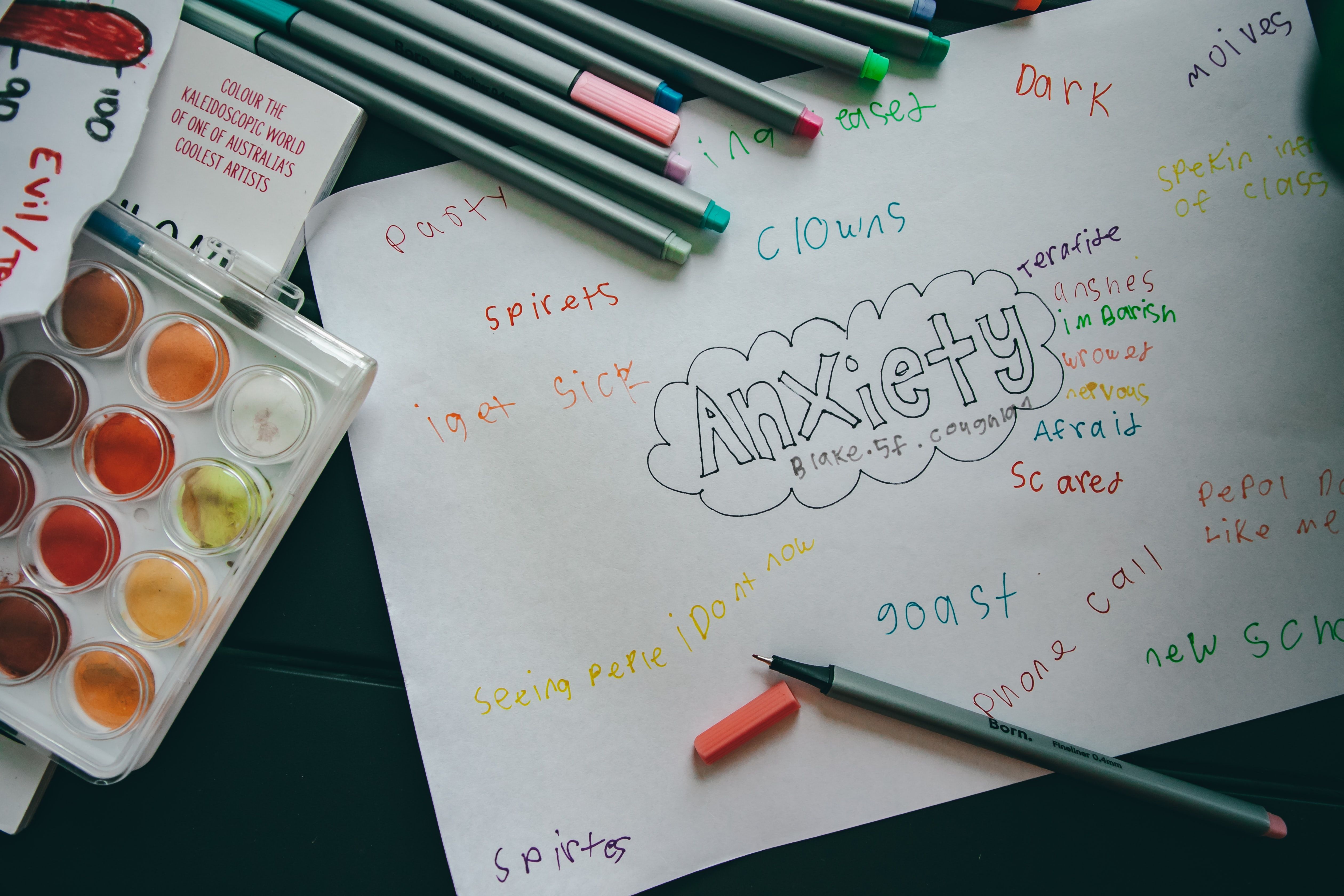 Coloring supplies with markers, watercolors, and notebook displaying anxiety-related words and sketches.