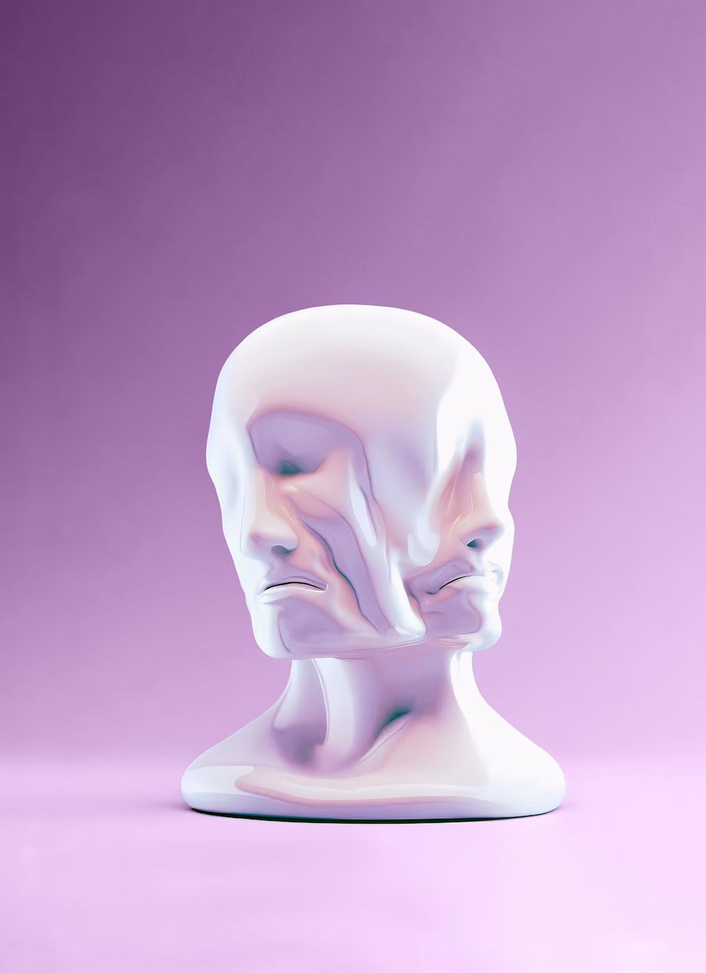 White sculptural head with colorful overlay on pink gradient background