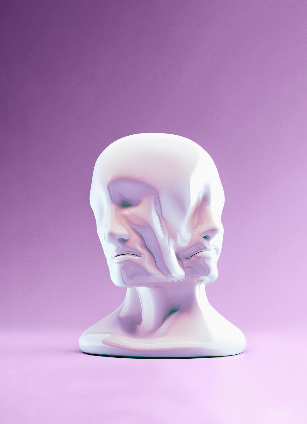White sculptural head with colorful overlay on pink gradient background