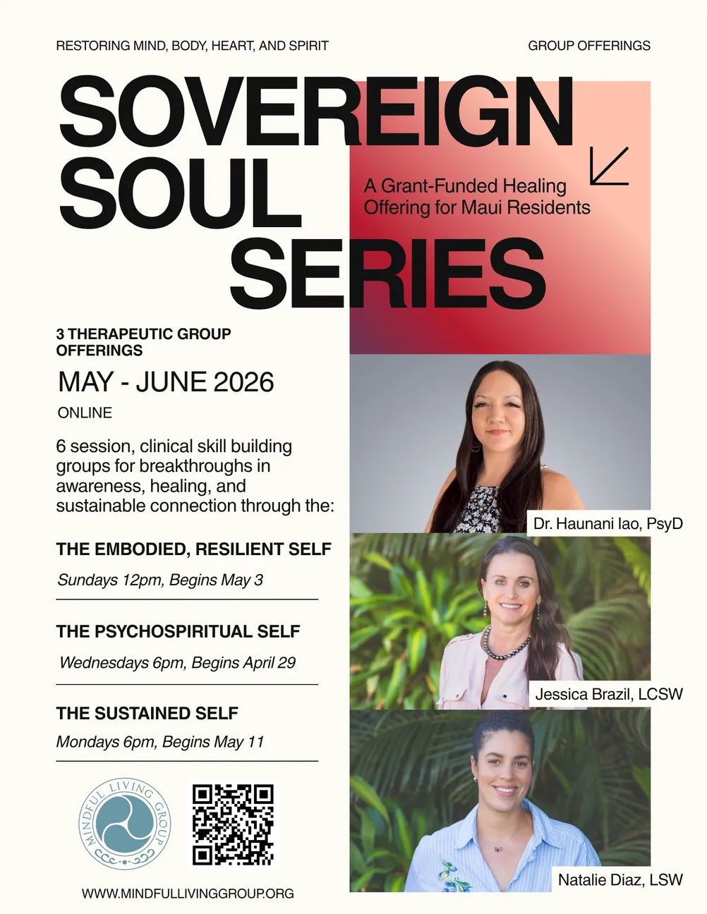 Sovereign Soul Series promotional flyer for grant-funded healing groups for Maui residents, May-June 2026