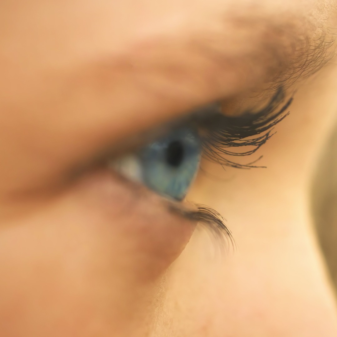 Close-up of blue eye with dark eyelashes and eyebrow on skin