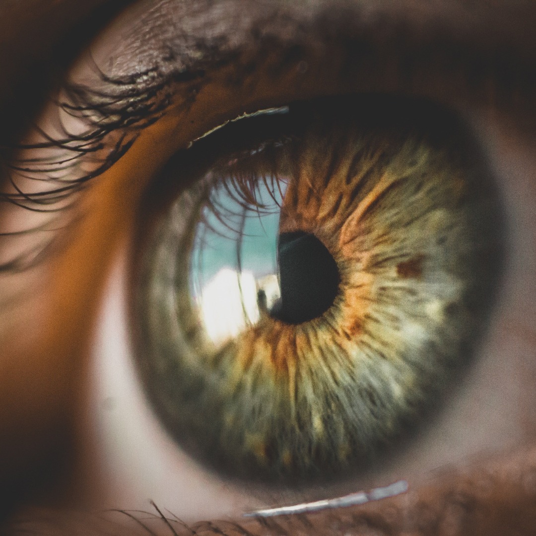 Close-up macro photograph of human eye with golden-brown iris and black pupil reflecting light