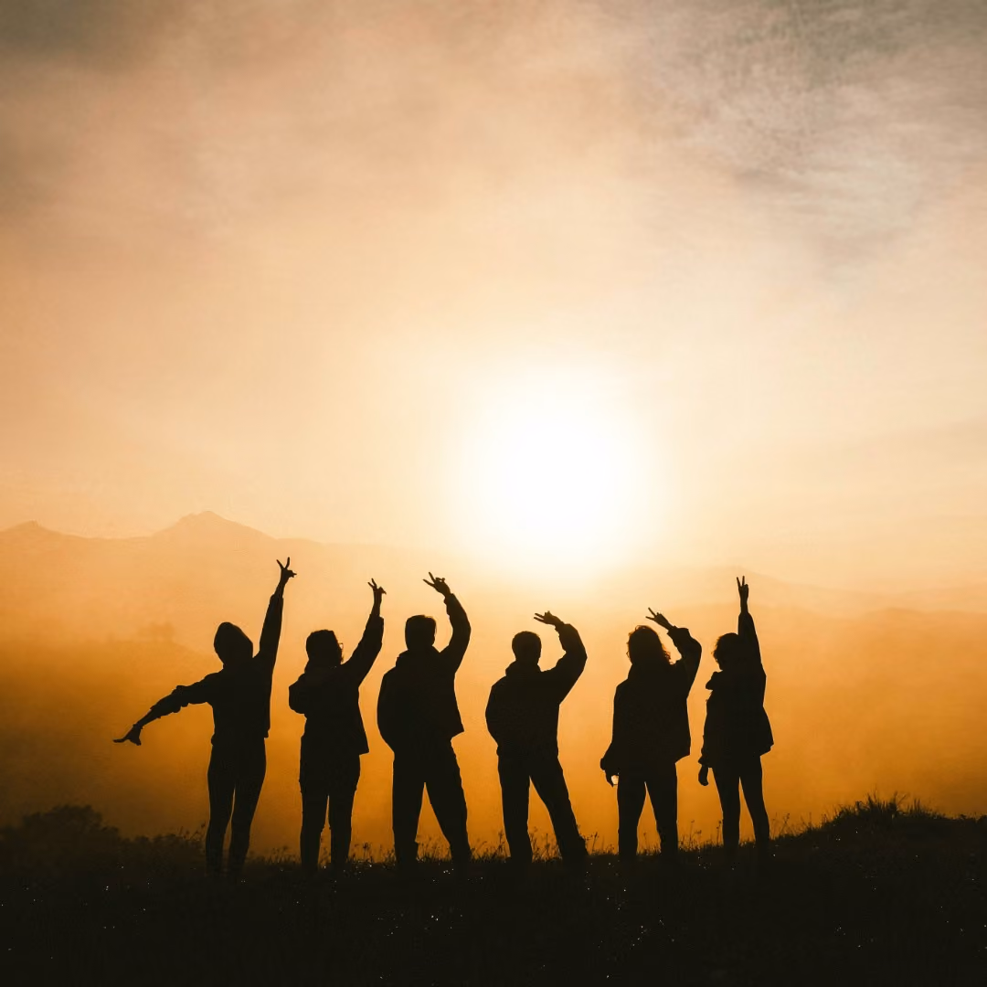 Silhouettes of six people with raised arms celebrating against golden sunset sky.