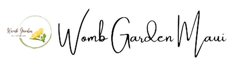 Womb Garden Maui logo with yellow flower and circular emblem design