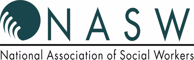NASW National Association of Social Workers logo with teal circular wave design