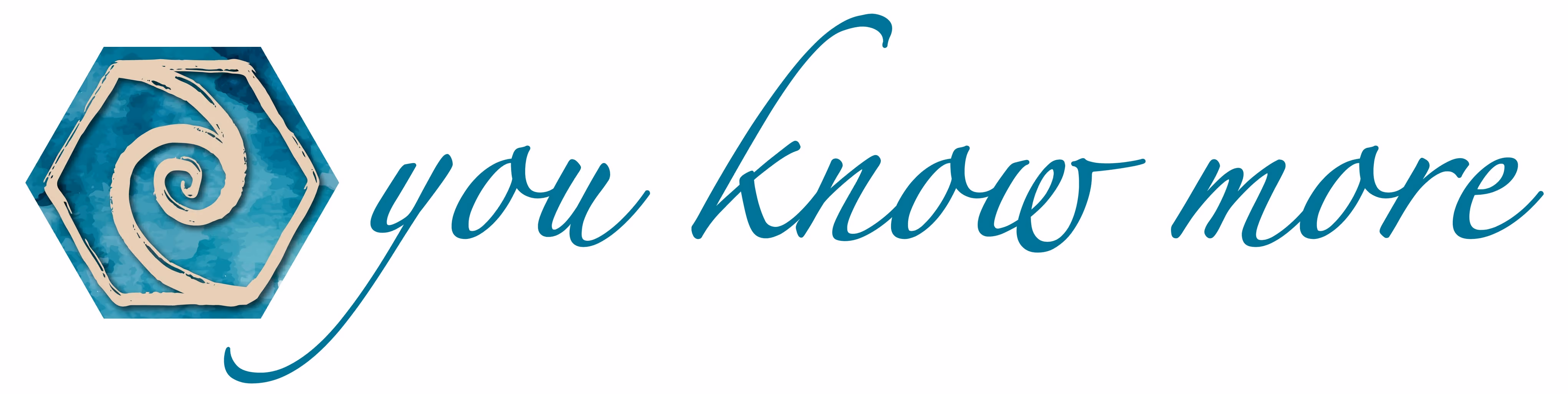 Teal hexagon with spiral design next to blue cursive text reading "you know more"