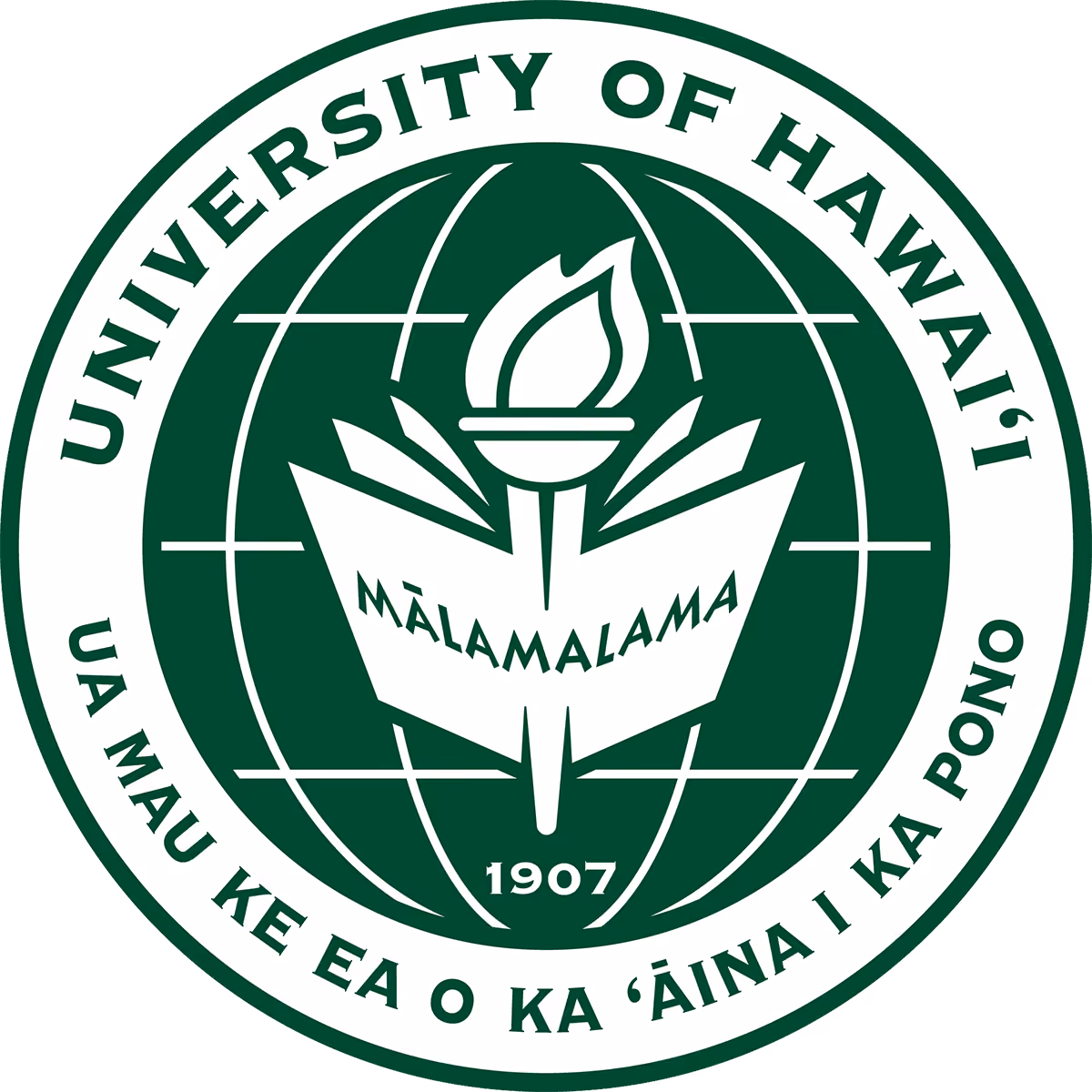 University of Hawaii seal with torch, globe, and "Malamalama" motto, established 1907