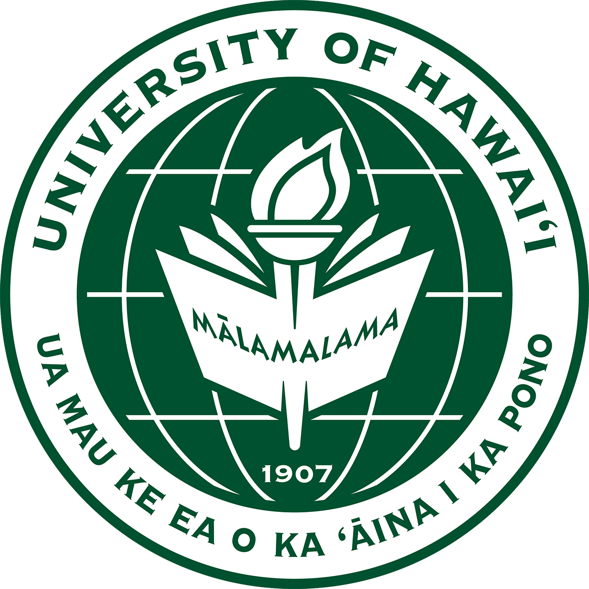 University of Hawaii seal with torch, globe, and "Malamalama" motto, established 1907