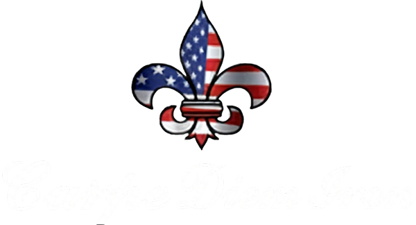 Logo with American flag-patterned fleur-de-lis above cursive text 'Carpe Diem Iron'.