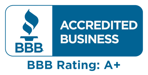 BBB Accredited Business badge with BBB rating of A+ in blue and white.