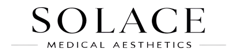 Solace Medical Aesthetics wordmark with horizontal lines on each side on a black background.