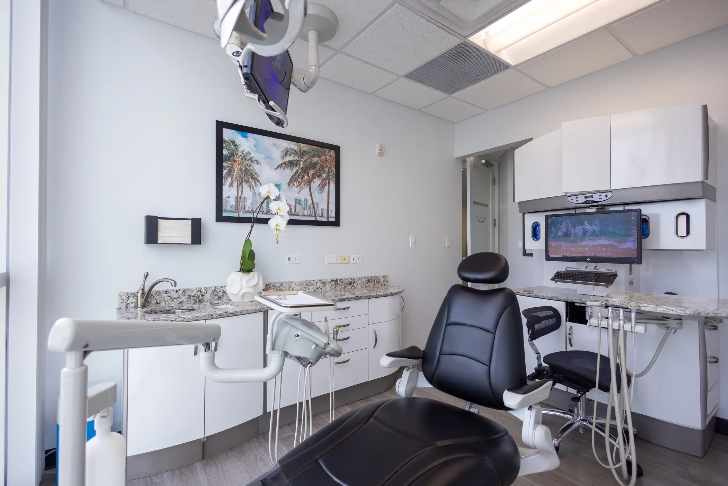 Modern dental exam room with black dental chair, dental tools, computer monitor, white cabinets, and framed palm tree artwork.