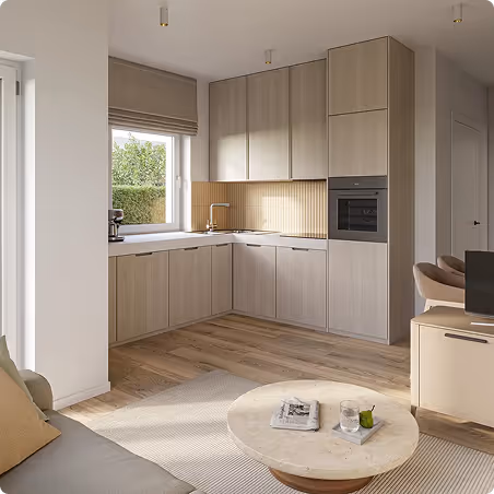 Moderne Küche mit hellen Holzschränken, eingebautem Ofen, großem Fenster und Parkettboden.