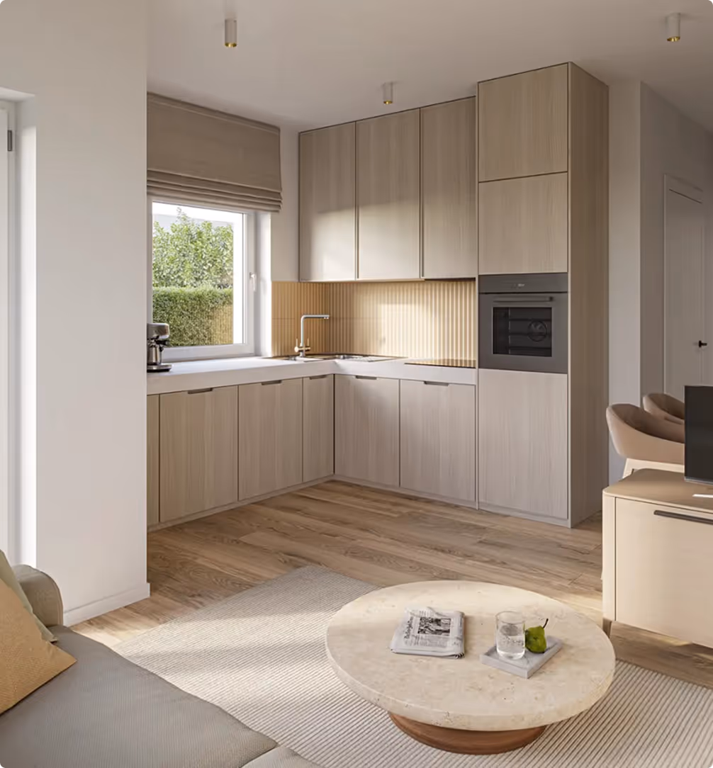 Moderne offene Küche mit Holzschränken, Fenster, Rundtisch mit Obst und Zeitung, helles Wohnzimmer.
