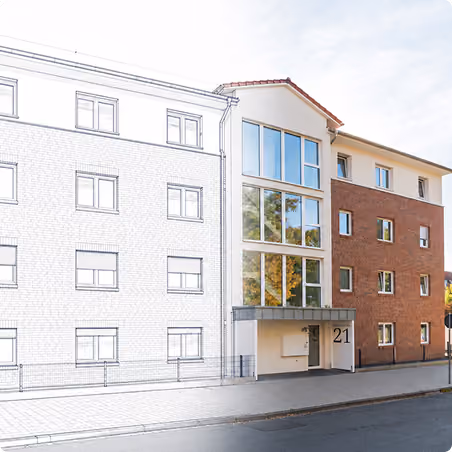 Fassadensimulation eines Gebäudes: rechte Seite realistisch, linke Seite skizziert in weiß.