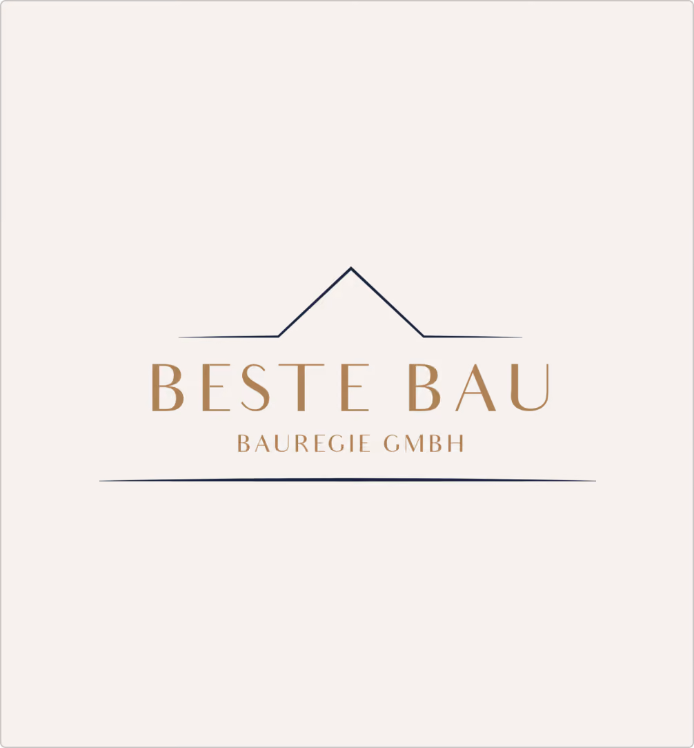 Logo mit einem einfachen Dachsymbol über dem Text 'BESTE BAU BAUREGIE GMBH' auf hellem Hintergrund.