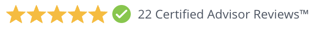 Five gold stars followed by a green checkmark and text: 22 Certified Advisor Reviews.