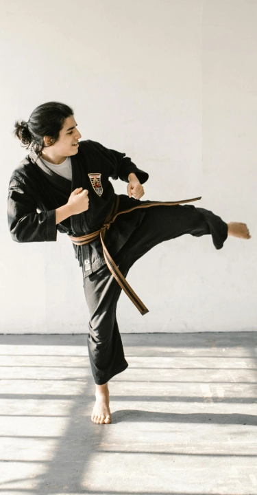 Two martial artists in black uniforms practice sparring in a sunlit room. One executes a kick while the other prepares to block, conveying focus and discipline.