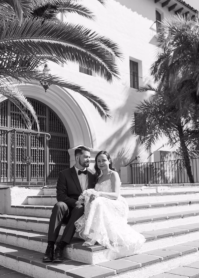 Classic outdoor black and white wedding photography at the Santa Barbara Courthouse