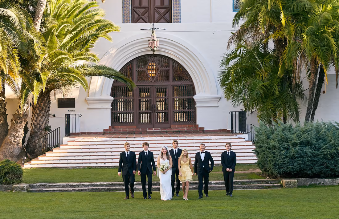 Family wedding with family photos afterward in Santa Barbara sunken gardens.