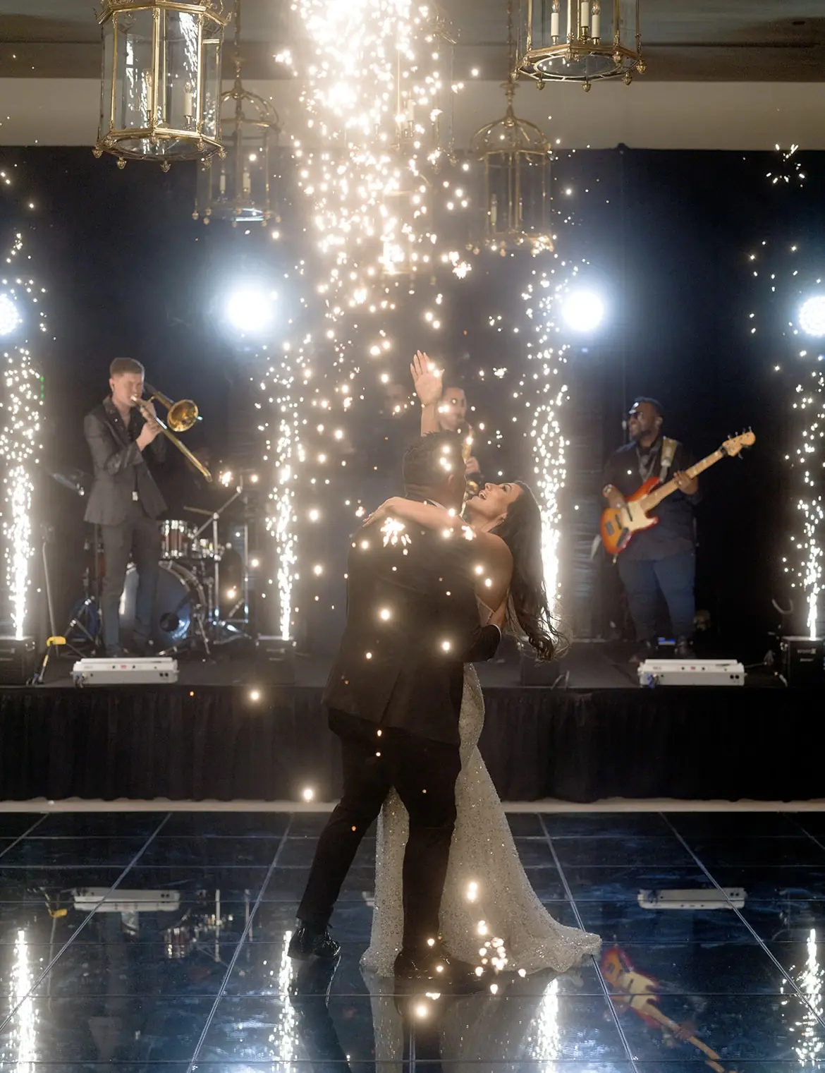 Wedding first dance with sparklers and the DME AllStars