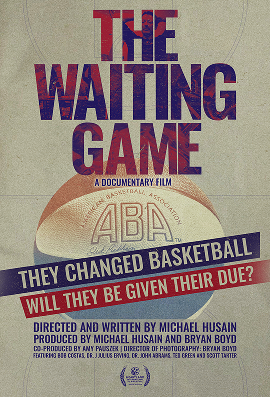 Poster for The Waiting Game documentary about American Basketball Association with a basketball image.