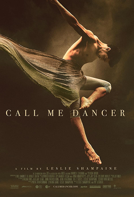 A male dancer in midair with flowing fabric and text 'Call Me Dancer' at bottom center.
