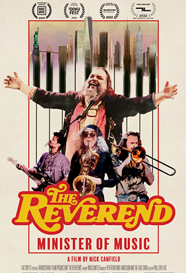 Movie poster for The Reverend shows a man with arms outstretched and three musicians below a city skyline.