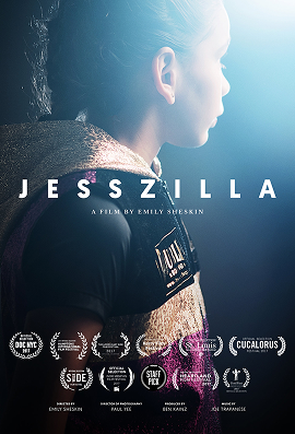 Profile of a girl wearing protective boxing gear, with title ‘JESSZILLA’ and film credits overlayed.