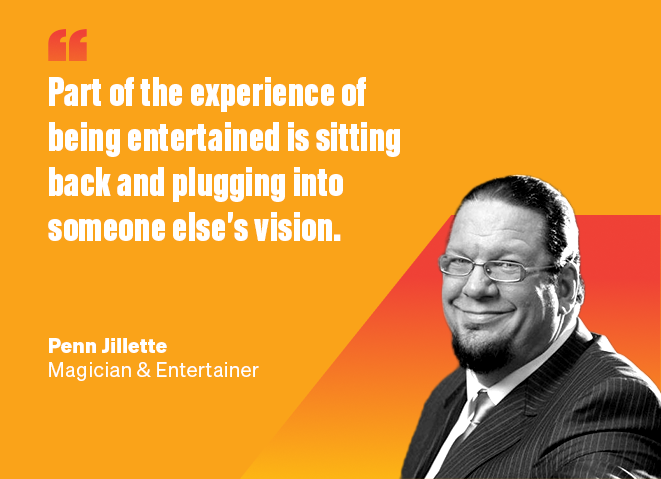 Quote on orange background with photo of smiling man in glasses and suit on right side.