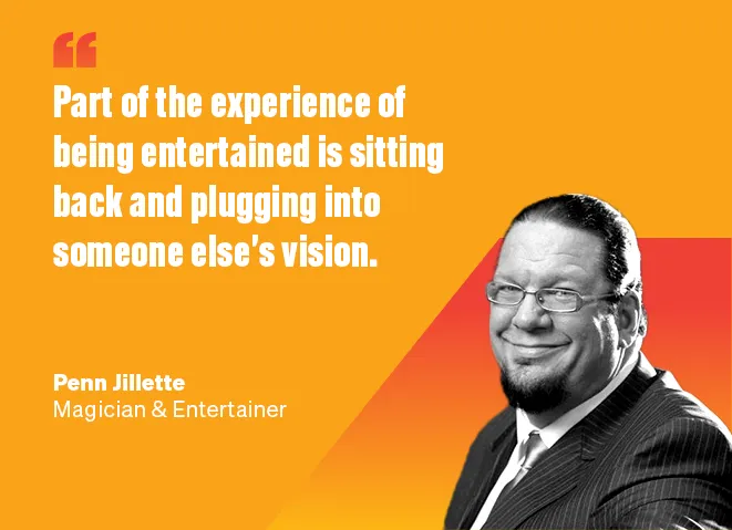Quote on orange background with photo of smiling man in glasses and suit on right side.