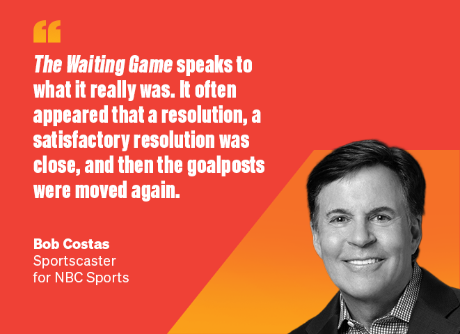 Quote by Bob Costas on a red and orange background, with his black and white photo smiling.