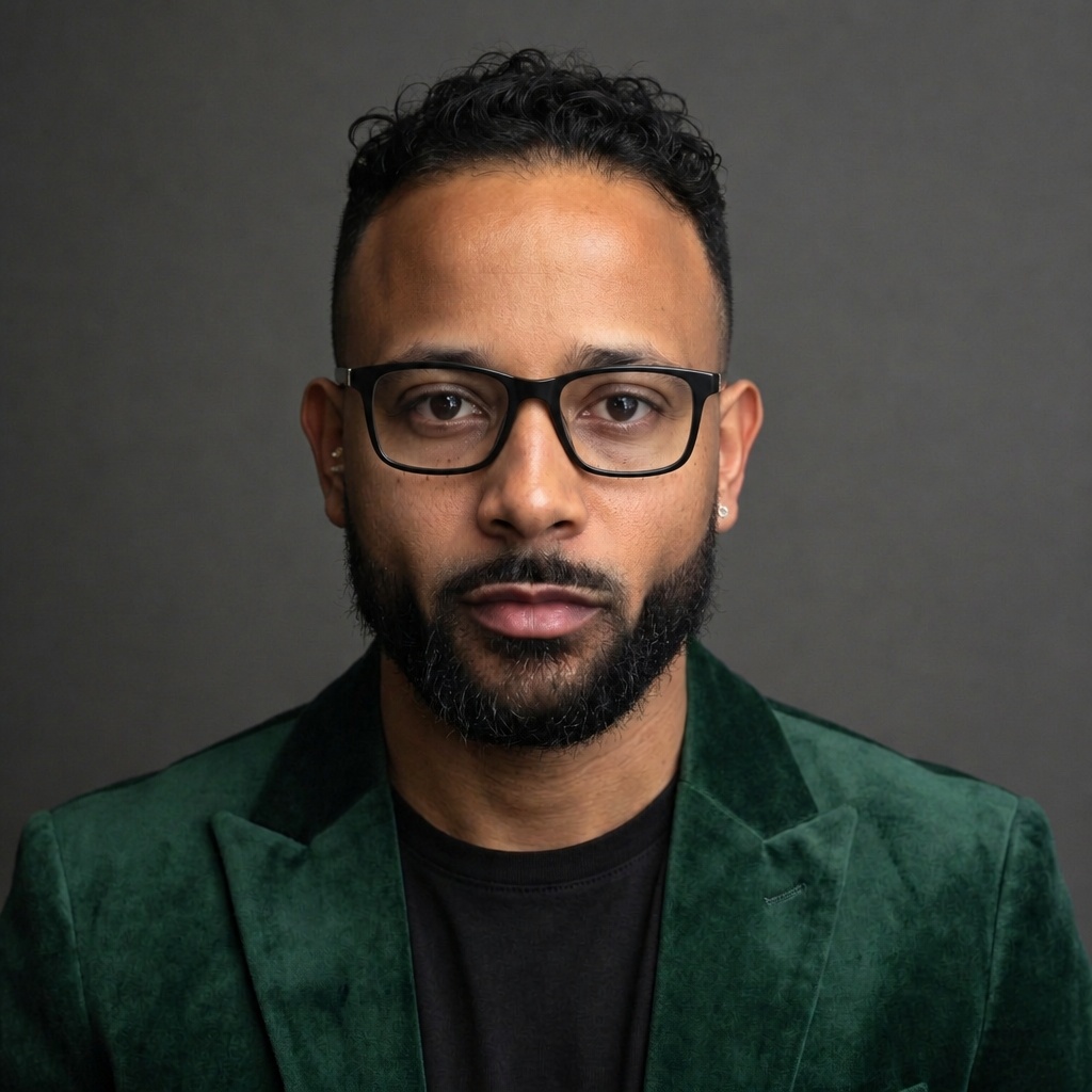 Portrait of a man with glasses, short curly hair, a beard, wearing a green velvet jacket and black shirt.