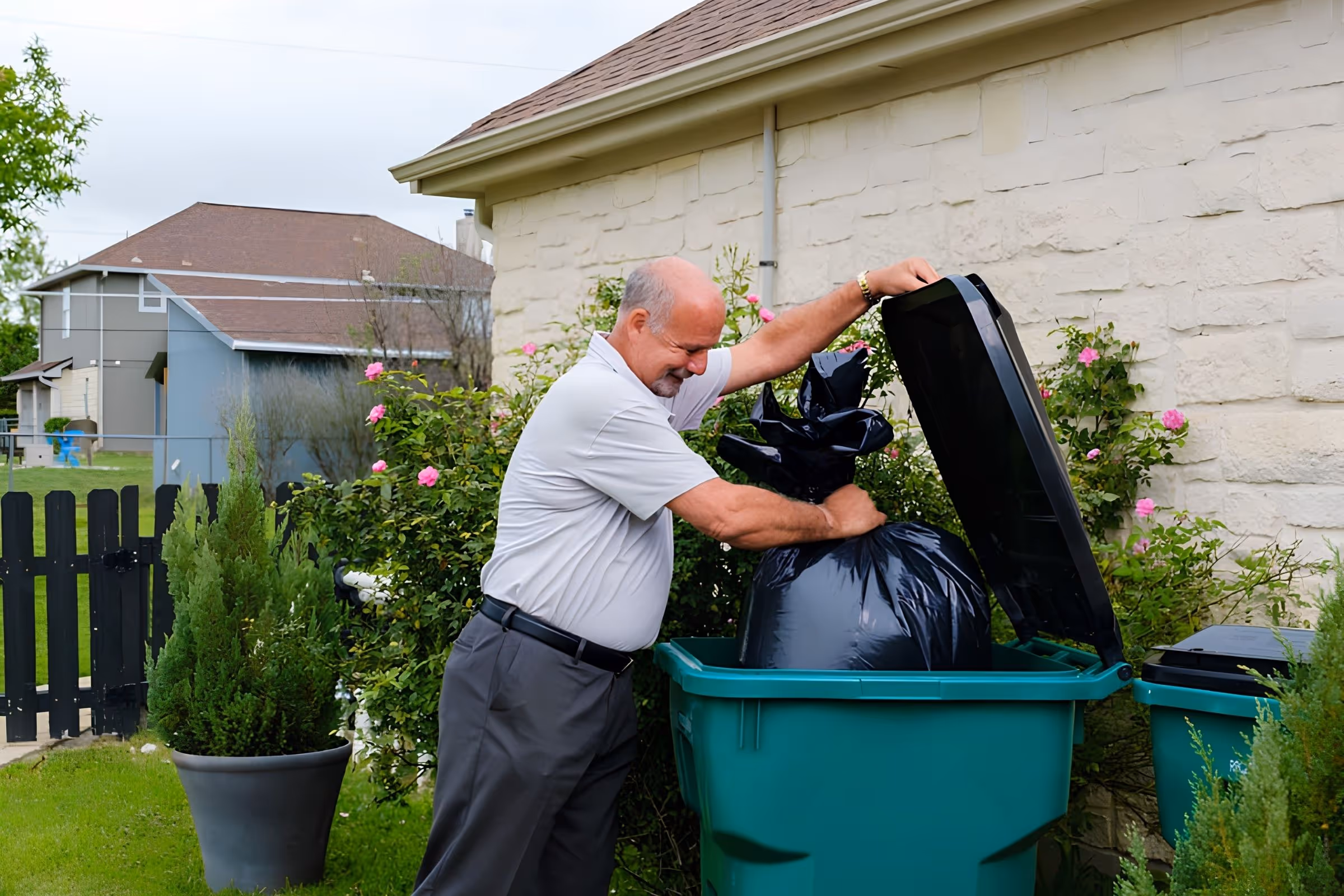 Man placing a large black trash bag into a green outdoor garbage bin near a house garden.