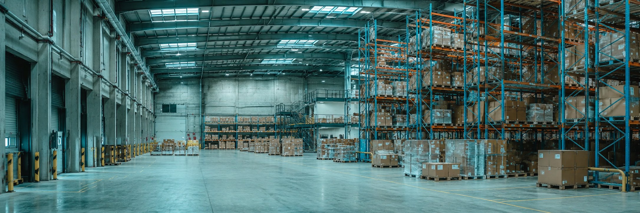 Interior de almacén logístico con racks de tarimas y mercancía lista para despacho aduanal