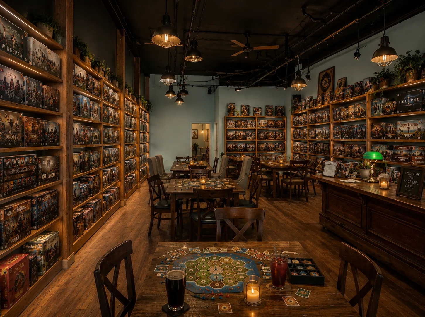 Cozy board game cafe with shelves of games, tables set for gaming, and warm ambient lighting.