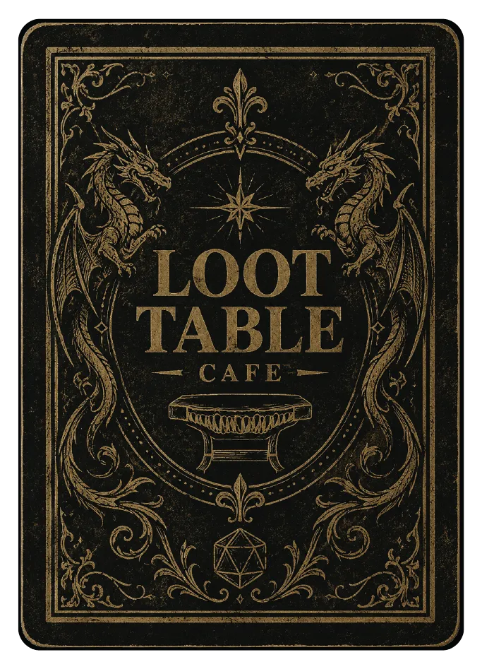 Ornate vintage-style logo with two dragons, a table, and a 20-sided die for Loot Table Cafe.