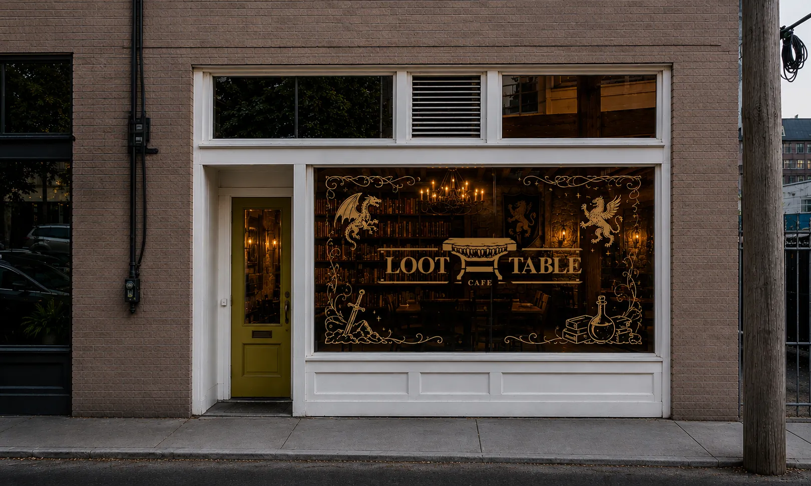 Storefront of Loot Table Cafe with medieval-themed window art and yellow door on a brick building.