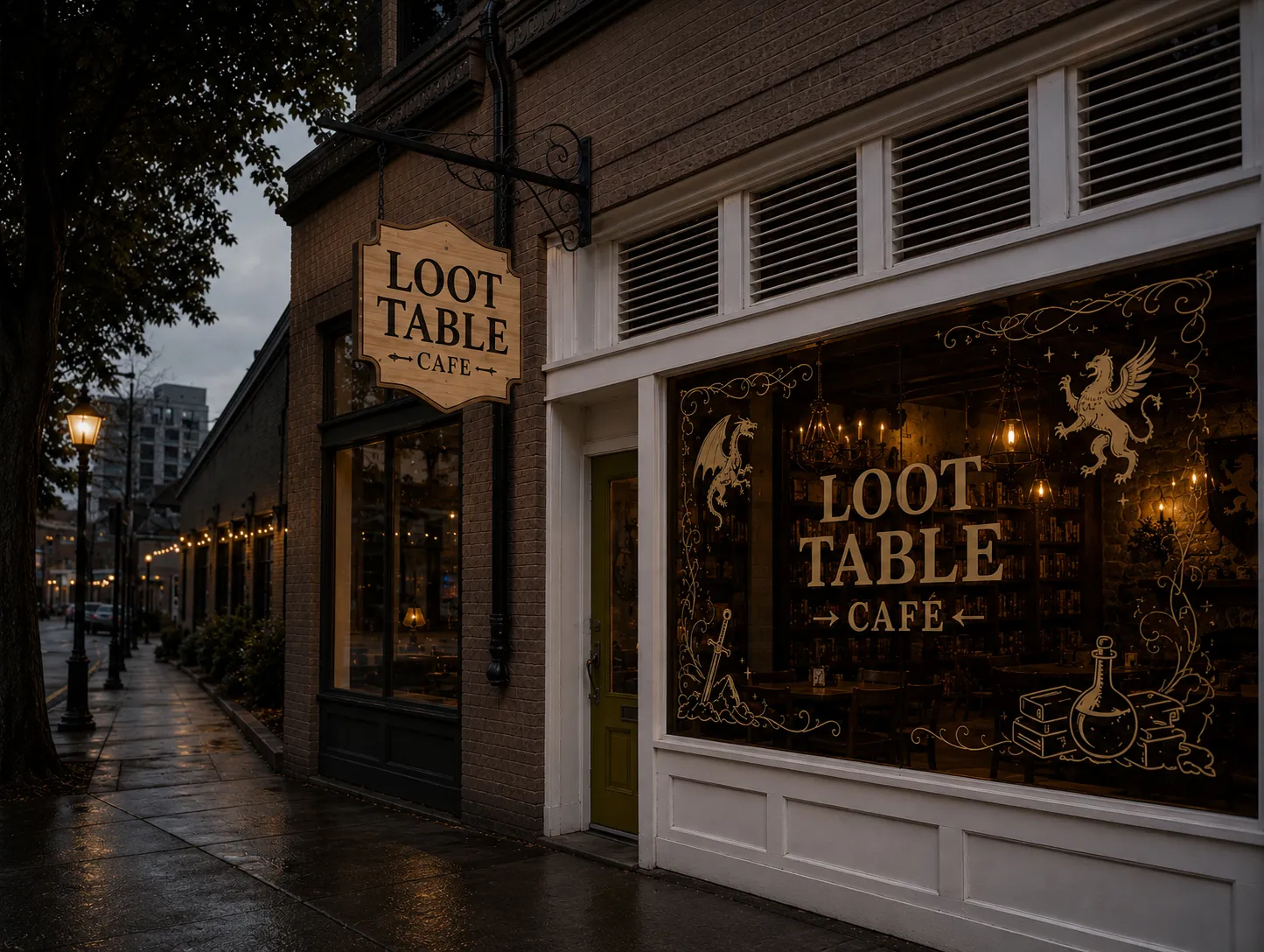 Street view of Loot Table Cafe entrance with a wooden sign and decorated window at dusk.