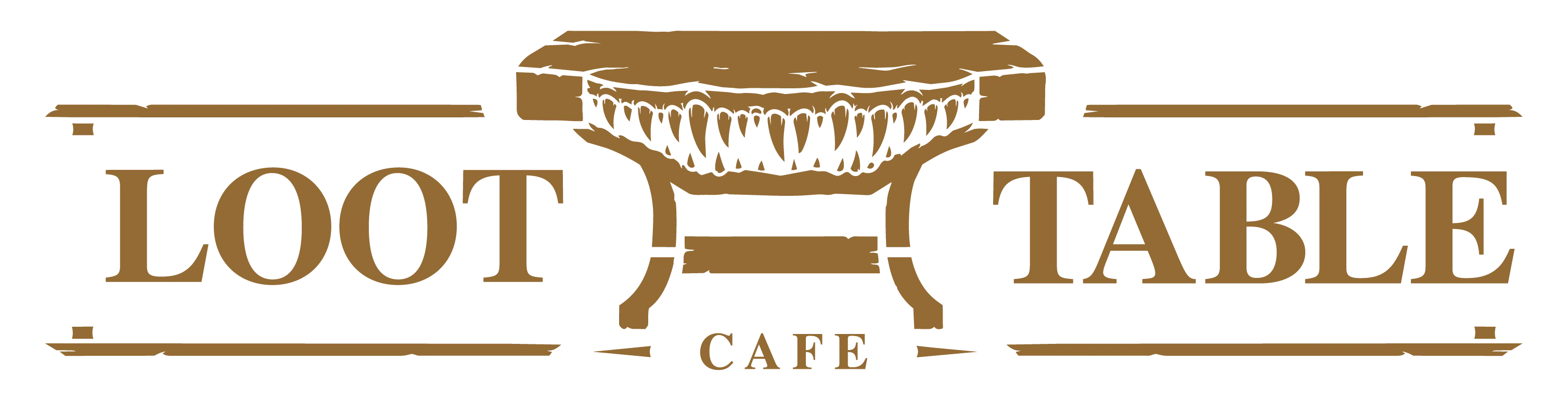 Logo with the words Loot Table Cafe and a stylized table with sharp teeth in place of the table top.